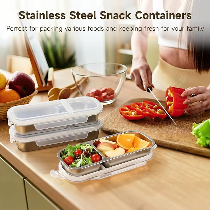 yeesport 4 Pcs Stainless Steel Bento Boxes, 2-Compartment 23.7 fl oz Snack Containers with Leakproof Silicone Seals, Stackable Meal Prep Food Storage Box for Adults & Youngsters
