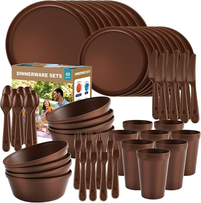 40 Piece RV and Camping Dinnerware Set, Microwave Safe Plates and Bowls Set for 8 with Cutlery, Lightweight & Unbreakable, The Perfect Melamine Alternative Brown