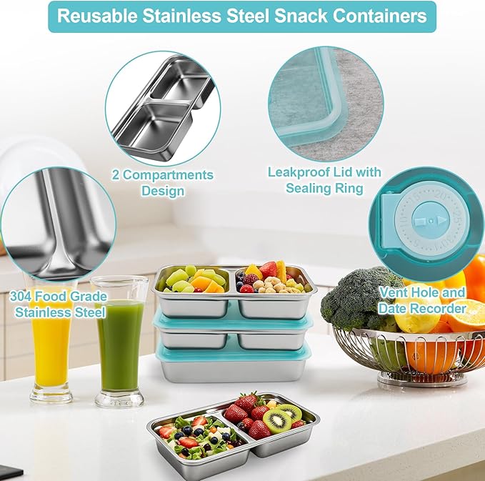 Stainless Steel Reusable Snack Containers with Lids, Grab and Go Double Compartments Snackle Box Containers, Small Sauce Condiment Containers for Travel,School,Camping, Dishwasher Safe, 4 Pack, 15.2oz