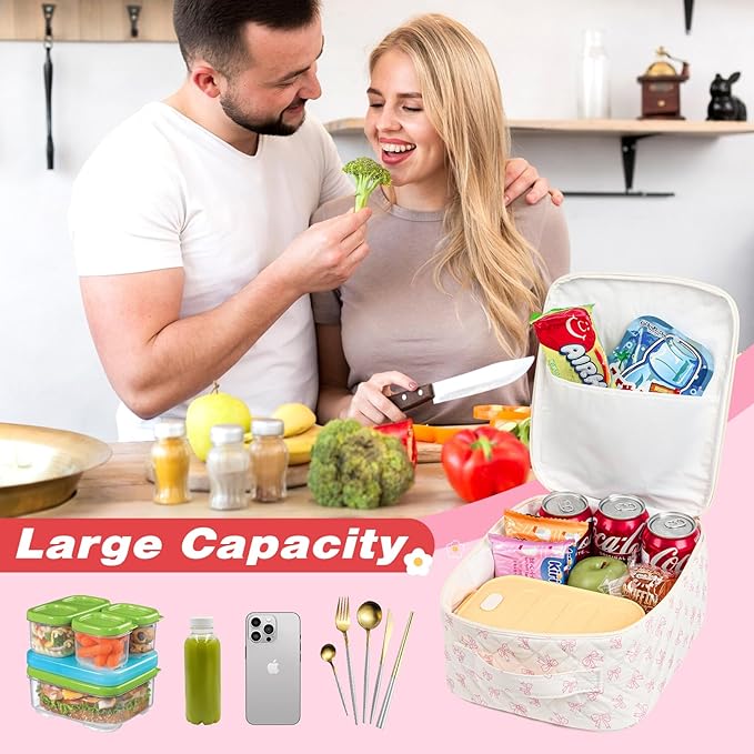Aileam Lunch Box Lunch Bag for Women Cute Girls Insulated Womens Lunch Bag For Work Quilted Large Capacity Reusable Insulated Cooler for Work School Picnic Travel, Pink Bow