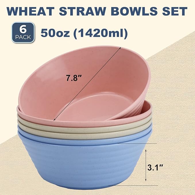 Wrova Wheat Straw Bowl Sets,6 PCS Unbreakable Big Cereal Bowl 50 OZ,Microwave and Dishwasher Safe Bowls,Large Salad Bowls for Party,Dorm,Apartment,Camping (Colorful Series)