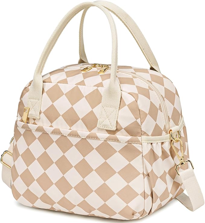 CAMTOP Lunch Box for Women Insulated Lunch Bag Lunchbox Cooler Thermal Leakproof Quilted Reusable Lunch Tote Bag for Work School Travel Picnic (Brown-White Check)
