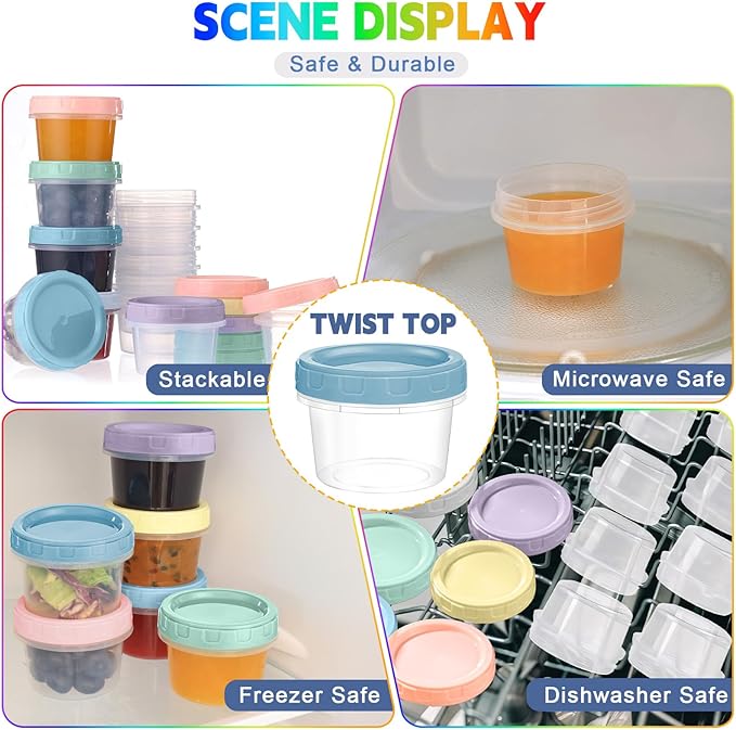 24pcs 4 oz Plastic Containers with Screw Lids, Reusable 1/2 Cup Small Food Storage Containers, Leakproof, Microwave Dishwasher Freezer Safe, with Pen and Brush