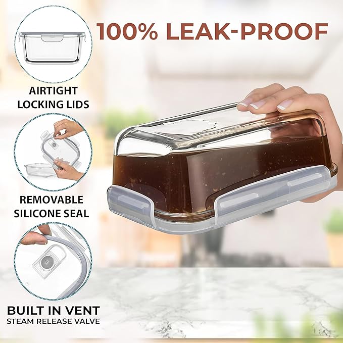 Razab 2700 ml / 92 Oz Large Glass Food Storage Containers with Vented Lids, BPA Free, Snap Locking Airtight & Leakproof Lids - Ideal for Baking, Casserole & Roasting - Freezer, Microwave & Oven Safe