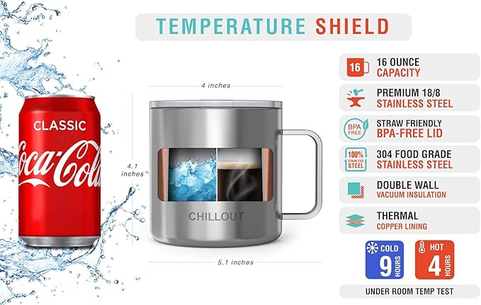 CHILLOUT LIFE Stainless Steel Vacuum Insulated Coffee Mug 16 oz (Set of 2) with Handle and Lid, Large Thermal Camping Coffee Mugs with Sliding Lid for Men & Women, Keeps Your Beverages Hot & Cold