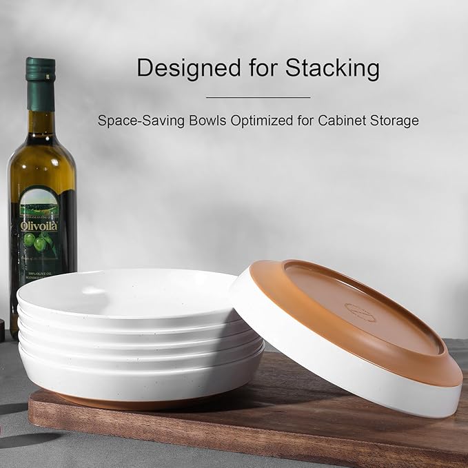 Webbylee 8.25" Melamine Deep Plates Set of 6-28oz Melamine Large Salad Bows，Serving Bowls for Cereal, Fruit, Soup，Deep Enough for Kitchen and Dining White/Brown