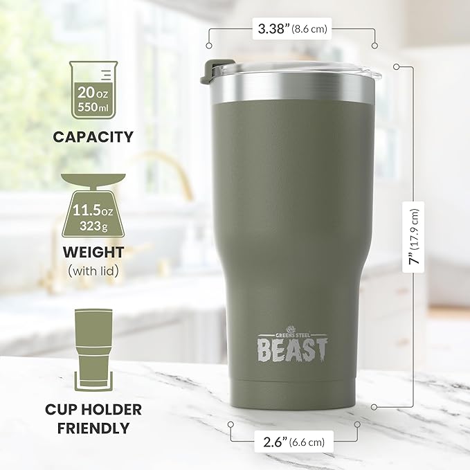 Beast 20 oz Tumbler Stainless Steel Vacuum Insulated Coffee Ice Cup Double Wall Travel Flask (Army Green)