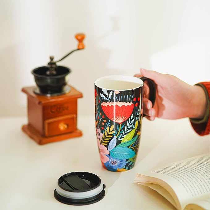 Topadorn Ceramic Mug Pink Flower Porcelain Coffee Mug with Gift Box,17oz. Pink Flower