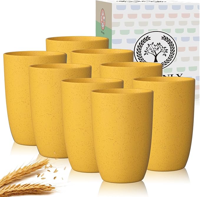 Homienly 8pcs Wheat Straw Fiber Cups, 20 Oz Reusable Drinking Cups, Unbreakable, Dishwasher Safe, Microwave Safe, BPA Free, Organic, Classic Style, Yellow