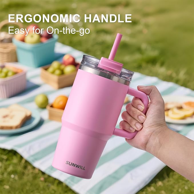SUNWILL Travel Coffee Mug with Lid, 20 oz Tumbler with Handle and Straw Leak Proof, Stainless Steel Cup Insulated for Office & Gym, Cupholder Friendly, Powder Coated Pink