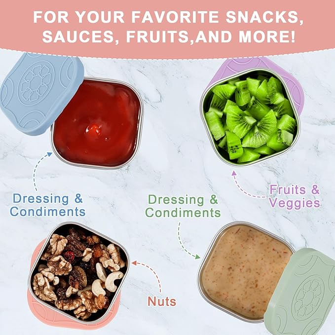 Caperci 4-Pack Stainless Steel Snack Containers with Silicone Lids - 4.7oz Reusable Small Food Containers for Snacks Condiments, Salad Dressing Container, Leak-Proof, BPA-Free