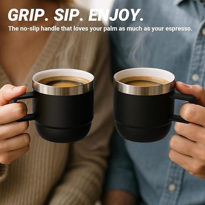 6 oz Espresso/Coffee Mug with Handle, Ceramic-Lined 18/8 Stainless Steel, Double-Wall Vacuum Insulated, Stackable, Dishwasher Safe, Fits Most Espresso Machines (Black, 2 Pack)