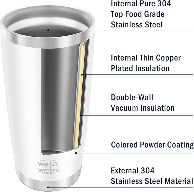 WETOWETO 20oz Tumbler with 2 lids and 2 straws, Stainless Steel Vacuum Insulated Water Coffee Tumbler Cup, Double Wall Powder Coated Spill-Proof Travel Mug Thermal Cup (White, 1 Pack)