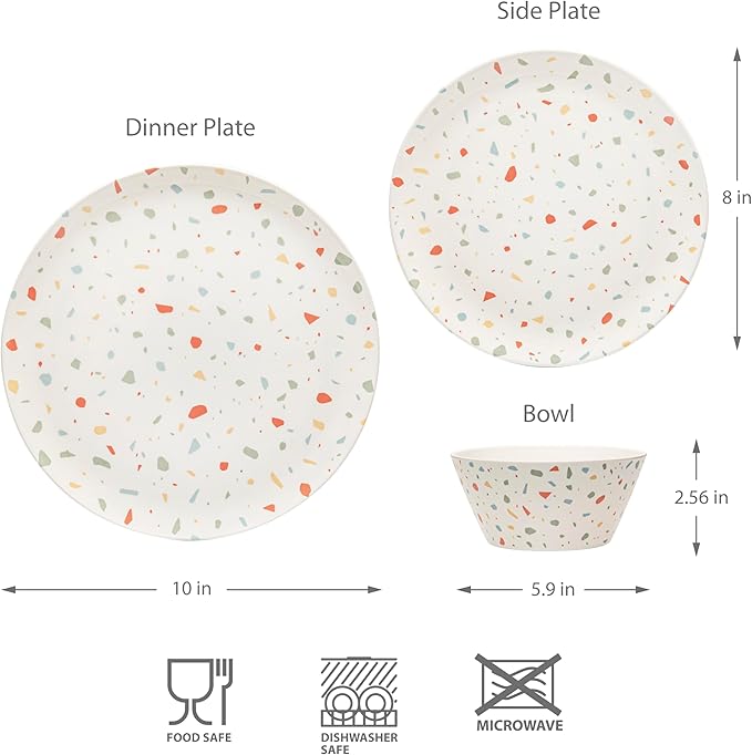 Bzyoo 12-Piece Melamine Dinnerware Set - White Confetti | Lightweight, Durable, BPA-Free | Dishwasher Safe Dish Set for Indoor & Outdoor Use - Perfect for Camping, BBQs, Kids Parties
