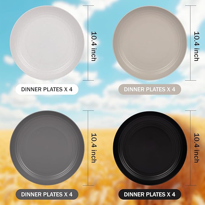 supernal 10" Wheat Straw Dinner Plates Reusable&Durable Plastic Plates,Dishwasher Safe,16-Pack (4 White, 4 Light Gray, 4 Dark Gray, 4 Black), Versatile Tableware for Home and Outdoor
