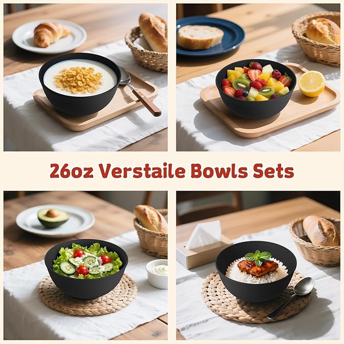 Wrova Wheat Straw Camping Bowls Sets of 6,Unbreakable 26oz Lightweight Bowls Sets for Outdoors Activity,Breakfast Bowls for Cereal and Salad.Black Series