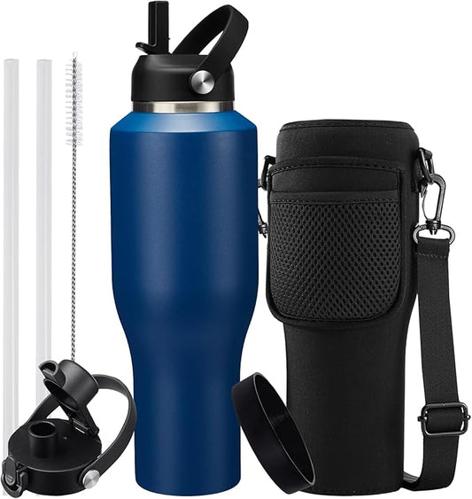 40oz Insulated Water Bottle that fits in Cup Holder - Water Cup with Spout Lid, Straw, Sleeve with Side Handle, Vacuum Stainless Steel Travel Tumbler Keep Cold 48h/Hot 24h