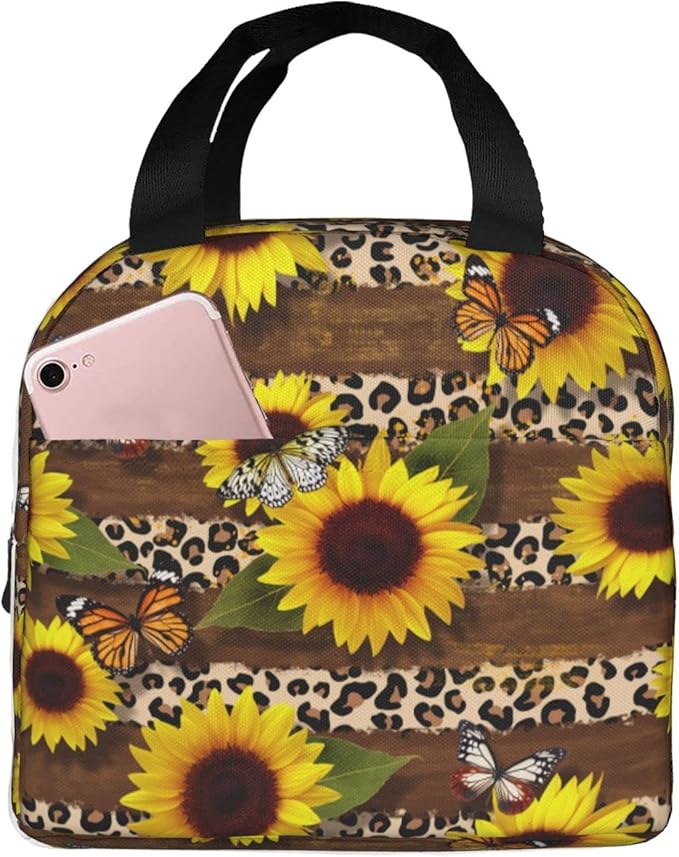 Butterflies Lunch Bag Leopard Print Sunflower Insulated Lunch Box for Women Men Reusable Lunch Tote for Office Work Picnic Hiking