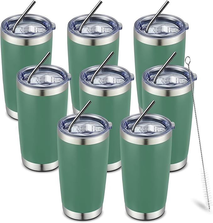 COMOOO 20oz 8 Pack Tumbler Double Wall Vacuum Insulated Coffee Travel Mug Stainless Steel Tumbler Bulk with Lid and Straw Insulated Coffee Cup for Cold & Hot Drinks (dark green, 8 Pack)