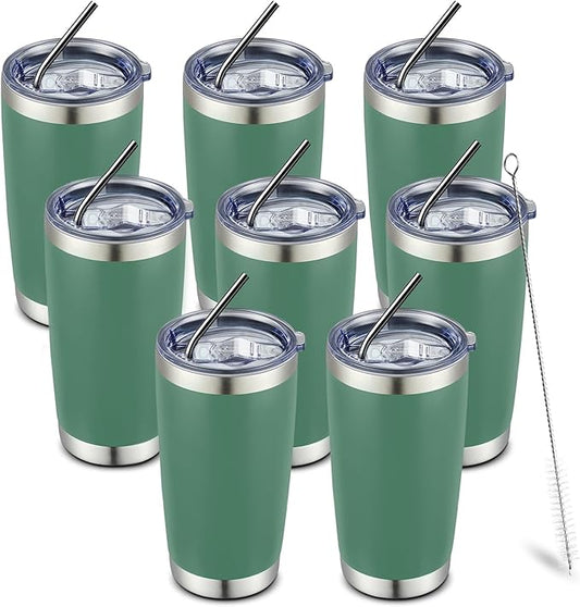 COMOOO 20oz 8 Pack Tumbler Double Wall Vacuum Insulated Coffee Travel Mug Stainless Steel Tumbler Bulk with Lid and Straw Insulated Coffee Cup for Cold & Hot Drinks (dark green, 8 Pack)