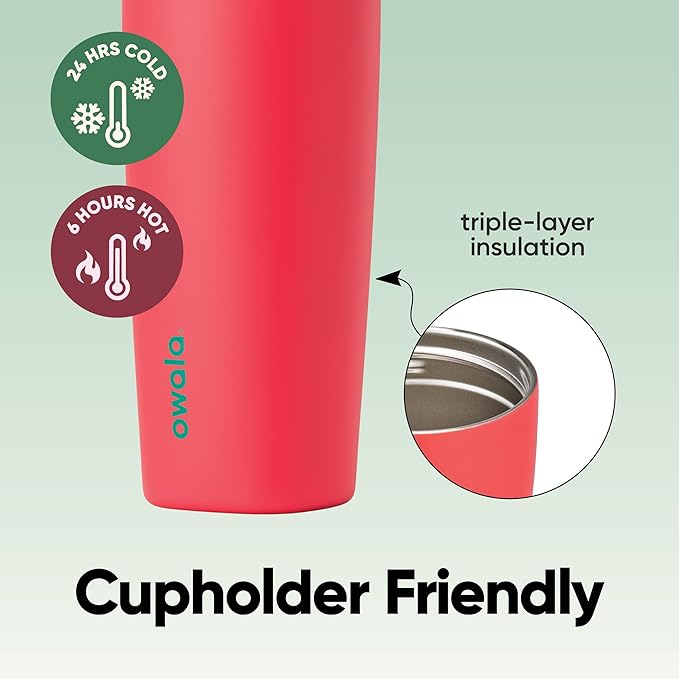 Owala SmoothSip Slider Insulated Stainless Steel Coffee Tumbler, Reusable Iced Coffee Cup, Hot Coffee Travel Mug, BPA Free 20 oz, Pink/Red (Strawberry Fields)