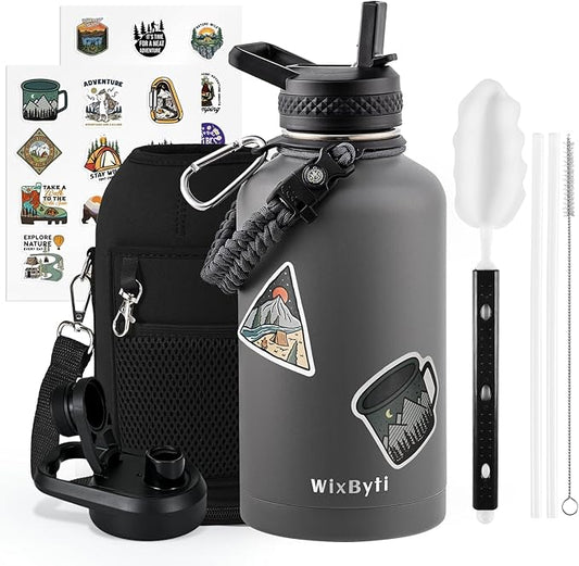 64 oz Insulated Water Bottle with Straw (Cold for 48 Hrs), Half Gallon Stainless Steel Triple Wall Vacuum Sports Water Jug, Leakproof Hydro Cup Flask with Straw Spout Lids & DIY Stickers
