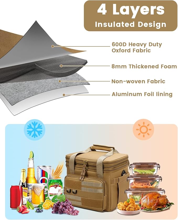 RalChyez Tactical Lunch Bag, 20L Large Heavy Duty Double Deck Insulated Lunch Box Leakproof Expandable Tote Cooler with Shoulder Strap for Adult Men Women Work Fishing Picnic Travel Tan