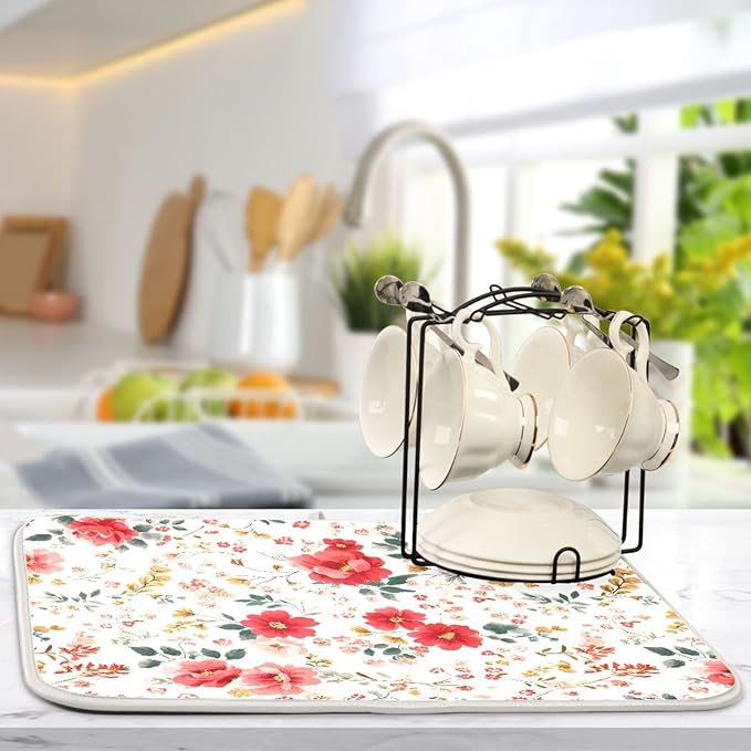 Spring Floral Colorful Flowers Dish Drying Mat for Kitchen Counter Absorbent Dish Drainer Mats Drying Pads 18"x24"