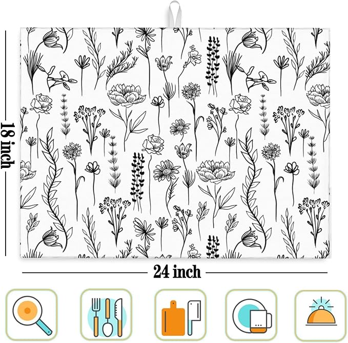 Black and White Floal Kitchen Dish Drying Mat for Counter, Aesthetics Dish Draining Mat Microfiber Absorbent Reusable Washable Extra Large 18"x24" (black and white floral, 18"x24")