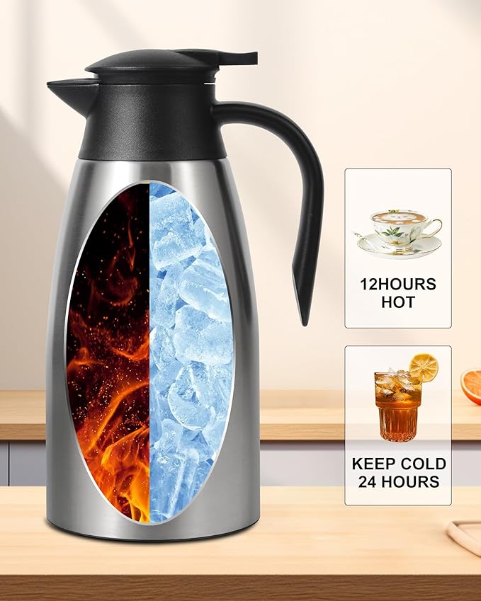 70 OZ Thermal Coffee Carafe,Updated Insulated Stainless Steel Coffee Carafes for Keeping Hot Coffee & Tea Hot Beverage-12Hours, Double Walled Vacuum Coffee Carafe (silver)