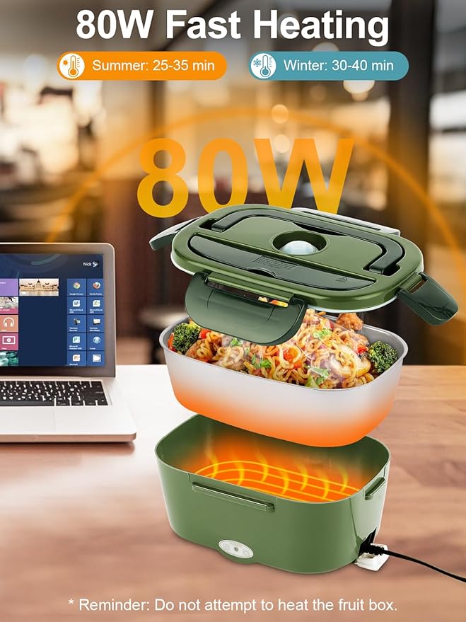 80W Electric Lunch Box for Adults, 1.5L Stainless Steel Food Warmer Lunchbox, 12V/24V/110V Portable Heated Lunch Box for Car/Truck/Office, Leak-Proof, Dishwasher-Safe with Insulated Bag(Green)