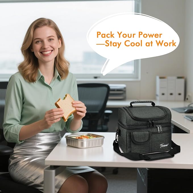Tirrinia Reusable Lunch Box for Men Women, Insulated Lunch Bag Adult Work, Double Decker Leakproof Lunchbox for Office Picnic Beach—Dual Compartment Lunch Cooler Bag