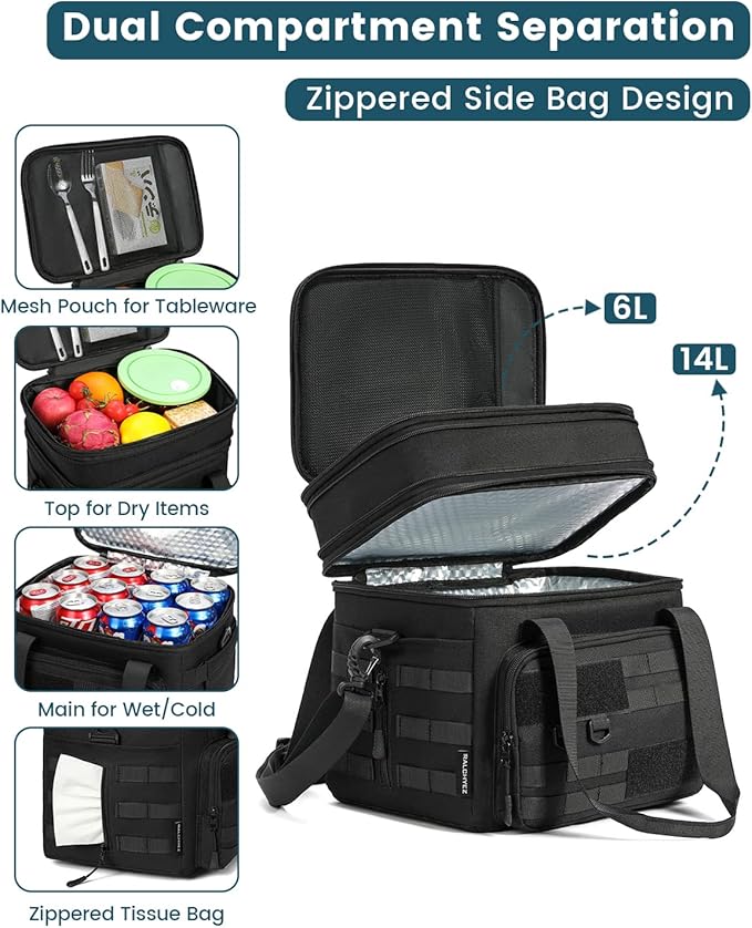 RalChyez Tactical Lunch Box, 20L Large Heavy Duty Double Deck Insulated Lunch Bag Leakproof Expandable Tote Cooler with Shoulder Strap for Adult Men Women Work Fishing Picnic Travel Black