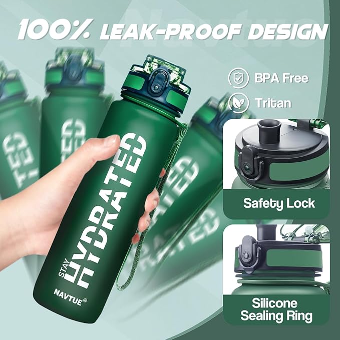 Water Bottle, 32 oz Sports Water Bottles with Time Marker Wide Mouth, Motivational and Leakproof Drink Bottle, BPA Free Tritan with Carry Strap for Gym Fitness Outdoor(Direct Drink 1 Bottle)