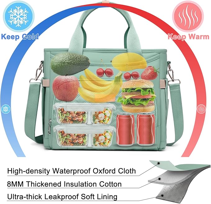 AIJIEKE Insulated Lunch Bag for Men Women, Lunch Box, Lunch Tote for Work, Large Leak Proof Cooler Bag with Removable Strap, Reusable Adult Lunchbag, Picnic, Office, Beach, Green