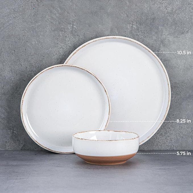 AmorArc 24 Pieces Ceramic Dinnerware Sets for 8, Handpainted Stoneware Plates and Bowls Set with Rustic Terracotta Underside, Scratch Resistant Dishes Set, Dishwasher & Microwave Safe, White