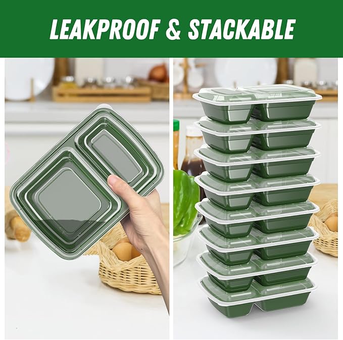 50 Pack (100-Piece) 28 oz Meal Prep Containers Reusable with Lids 2-Compartment, Sturdy Leakproof Food Safe, Microwave Freezer Dishwasher Safe, To Go Take Out Plastic Food Storage, Green