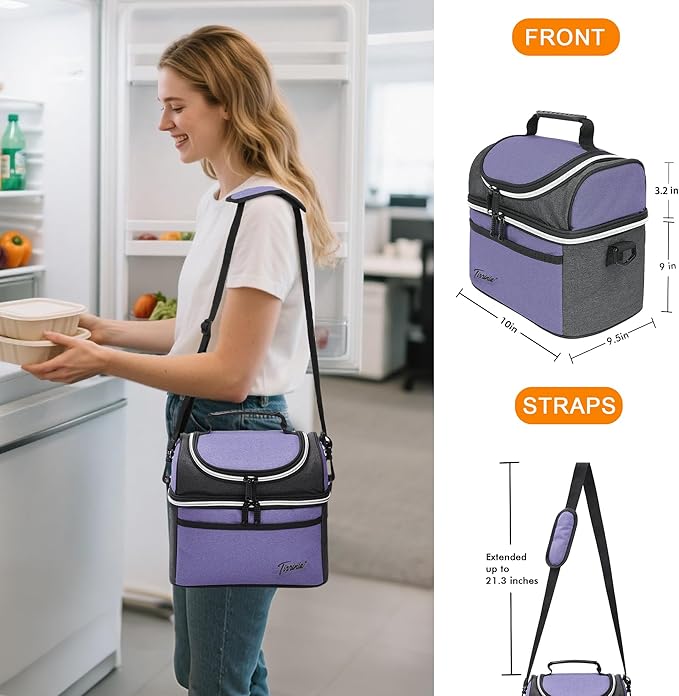 Tirrinia Reusable Lunch Box for Men Women, Insulated Lunch Bag Adult Work, Double Decker Leakproof Lunchbox for Office Picnic Beach—Dual Compartment Lunch Cooler Bag,Purple