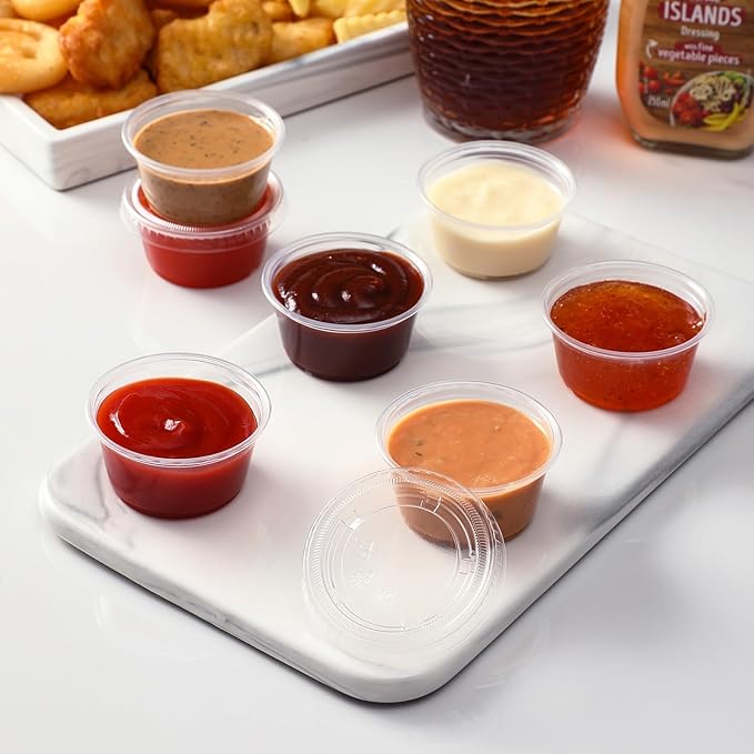 AOZITA 400 Set 2 oz Jello Shot Cups with Lids, Stackable Food Safe Disposable Plastic Portion Condiment Dipping Sauce Cups, Small Containers for Salad Dressing