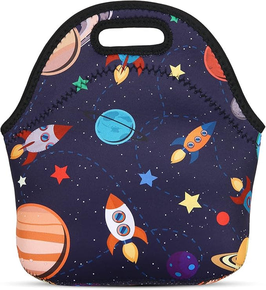 Violet Mist Women's Reusable Neoprene Lunch Bag, Space Rocket, Unisex, 11.4"L x 10.43"H x 5.51"W, 8.7 inches, fits containers up to 7"W