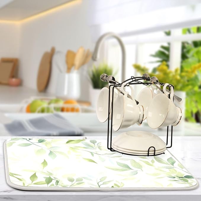 Sage Green Leaves Dish Drying Mat for Kitchen Counter Super Absorbent Dishes Pad Reversible Microfiber Protector Dish Draining Mats 18x24 inch