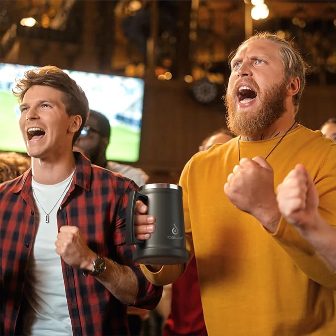 Ideus Insulated Beer Stein, 24/32oz Stainless Steel Double Walled Beer Mug Giant Bar Drinkware Metal Beer Cup with Big Grip Handle (24oz (710ml), Grey)