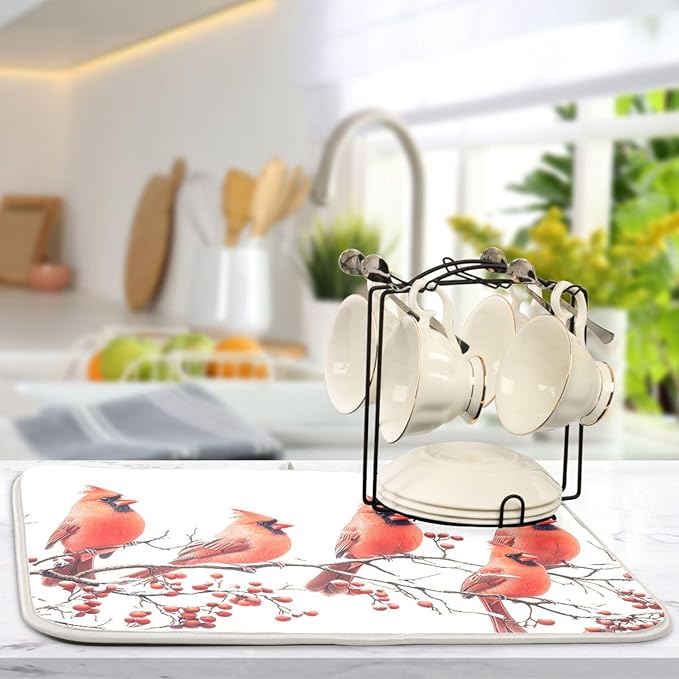 Birds Perched Tree Branches Dish Drying Mat for Kitchen Counter Super Absorbent Dishes Pad Reversible Microfiber Protector Dish Draining Mats 18x24 inch