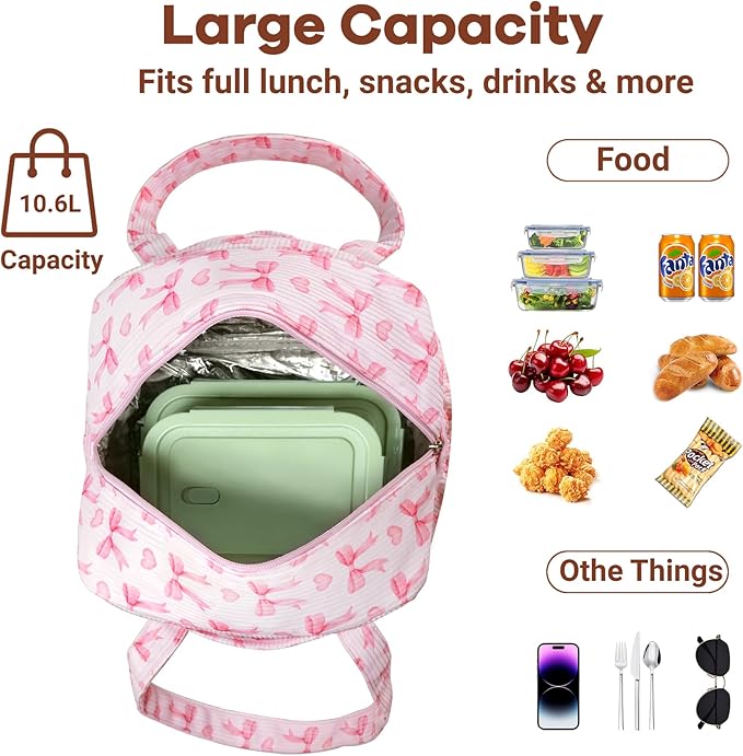 Yarnic Lunch Bag Women Men Insulated, Large Corduroy Lunch Box for Work with Bottle Pockets, Stylish Reusable Cooler Tote for Adults Teachers Picnic Hiking (Pink Bow)