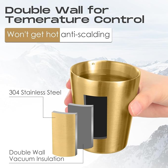 8 Pack Stainless Steel Insulated Cup Metal Tumbler Double Wall Vacuum Water Glasses Camping Reusable Mugs Bbq Home Office Party Coffee (Gold,8.8 oz)