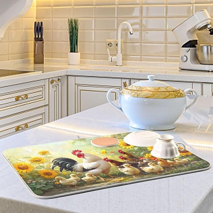 Chickens Pattern Dish Drying Mat for Kitchen Counter Super Absorbent Dishes Pad Reversible Microfiber Protector Dish Draining Mats 16x18 inch