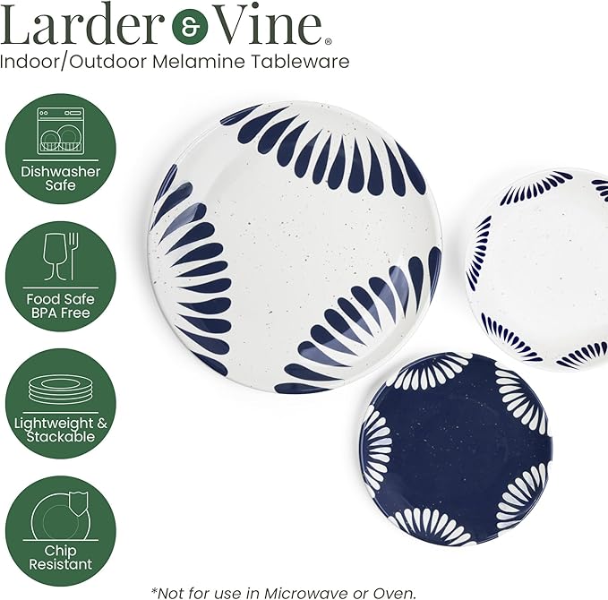 Larder & Vine 12-Piece Melamine Dinnerware Set: Durable, Lightweight, Break-Resistant Plates & Bowls – Stylish, Non-Toxic, Dishwasher Safe – Ideal for Everyday Use, Indoor & Outdoor Dining – Nautical