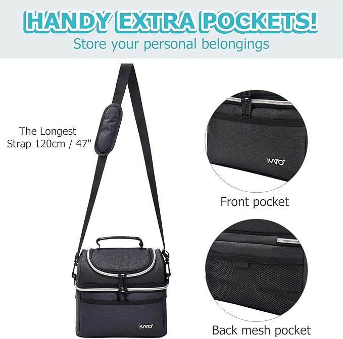 Tirrinia Reusable Lunch Box for Men Women, Insulated Lunch Bag Adult Work, Double Decker Leakproof Lunchbox for Office Picnic Beach—Dual Compartment Lunch Cooler Bag,Black