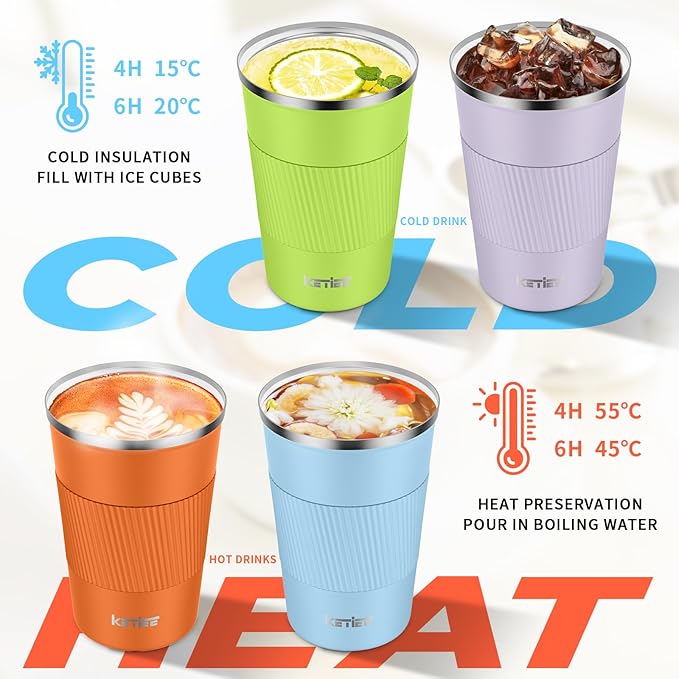 KETIEE 12oz Insulated Travel Mug, Vacuum Stainless Steel Double Walled Reusable Coffee Cup with Leakproof Lid, Hot and Iced Coffee Tea Water