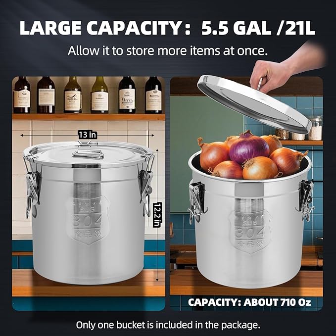 21L/5.5 Gal 304 Stainless Steel Containers with Lids 710 Oz Stainless Steel Airtight Containers with Lids and Lock Hole 304 Airtight Container for Kitchen 304 Stainless Bucket containers